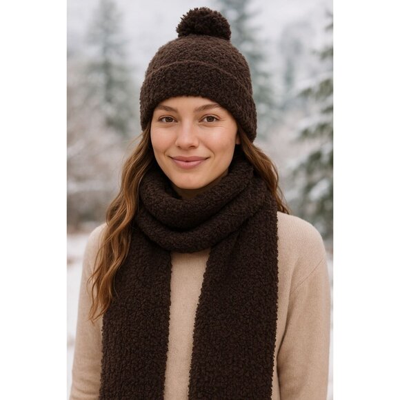 Barefoot Dreams Pom Pom Beanie & Scarf Set Espresso/Cocoa One Size Winter Gift - Picture 4 of 16
